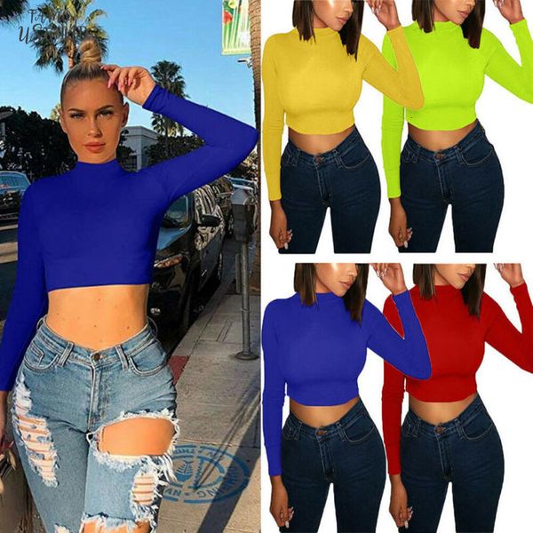 

women polyester solid turtle neck long sleeve crop pullover casual tank t shirt drop shipping, White