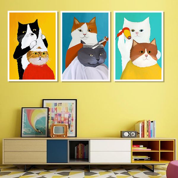 

funny cartoon animals cat barber canvas painting nordic style kids decor wall art picture nursery baby room posters and prints