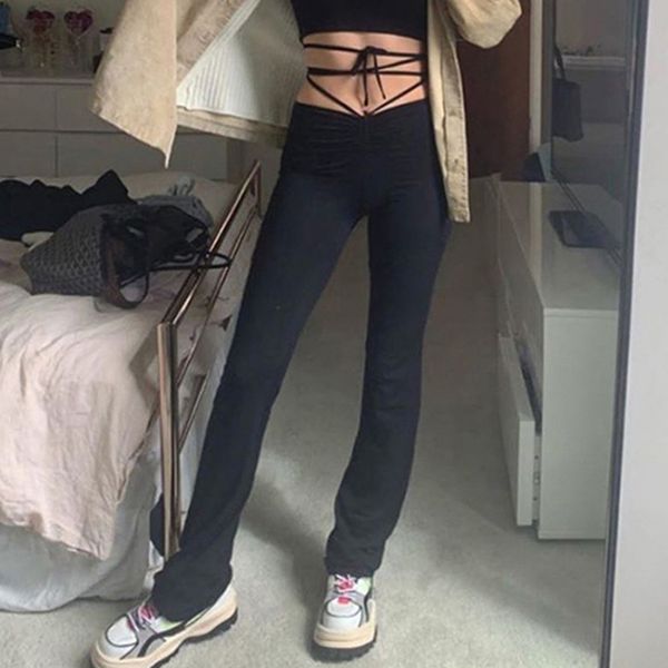 

high waist thin bandage straight pants female activity trousers hip street leisure party pants 2020 new, Black;blue