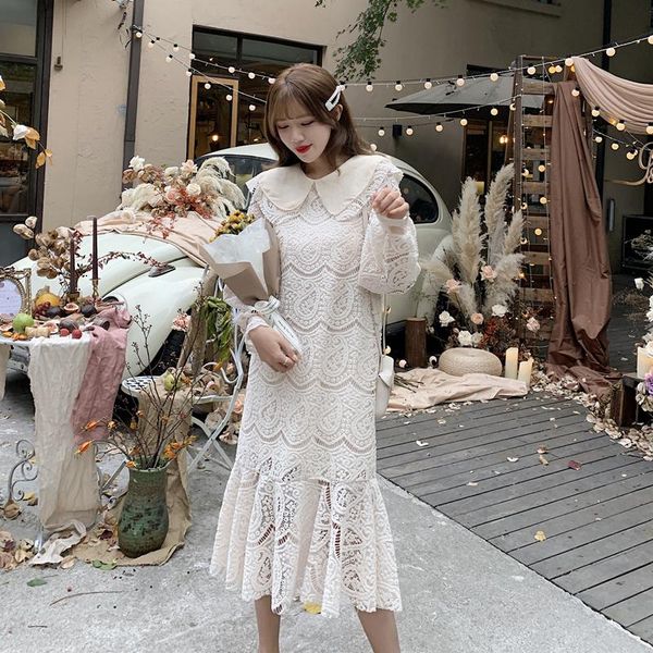 

real s2020 autumn new versatile sweet lace fishtail dress, Black;gray