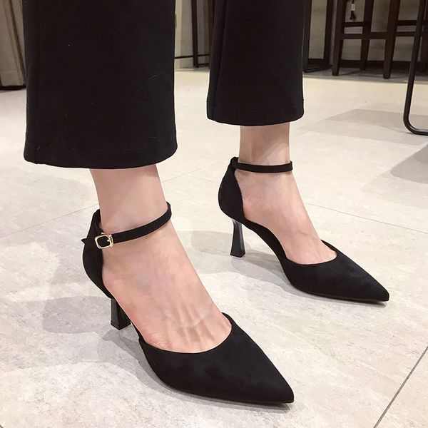 

high heels pointed toe comfortable high-heeled shoes hollow 2020 pumps sandals ladies all-match sweet women's casual, Black
