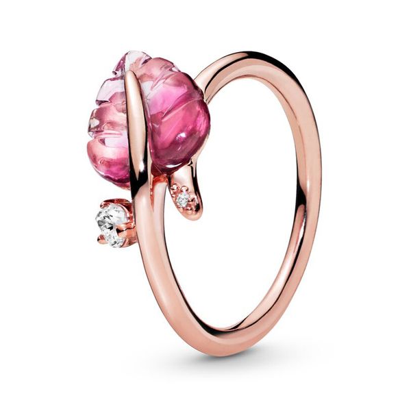 

925 sterling silver pink murano glass leaf ring luxury designer jewelry women cz stones diamond rose gold statement rings with pandora box, Slivery;golden
