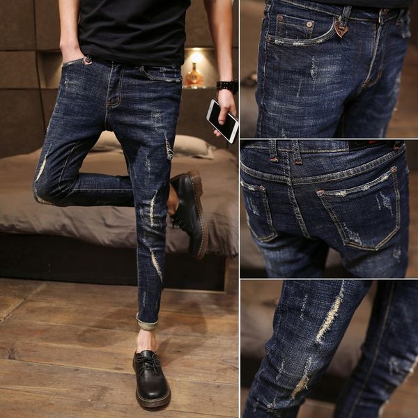 

wpall men's skinny ripped nine nine jeans ankle-length jeans korean style trendy slim-fit nine-point trendy brand pants casual nine-qua, Blue