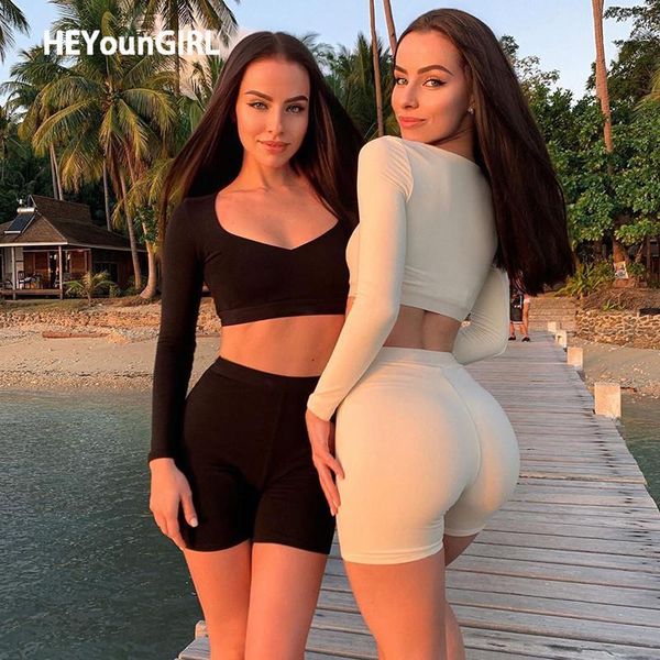 

HEYounGIRL Fitness Casual Solid Womens Tracksuit Set Long Sleeve Crop Top and Biker Shorts Two Piece Set Skinny Outfit Spring T200602