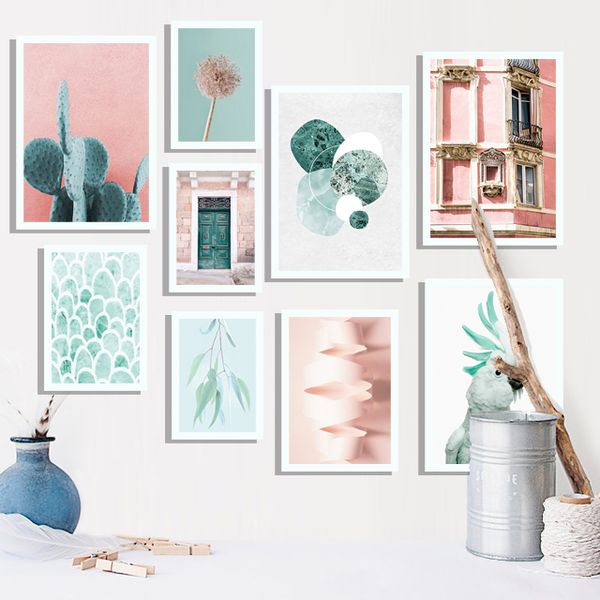 

pink parrot leaf plant flower old door nordic poster abstract wall art print canvas painting wall pictures for living room decor