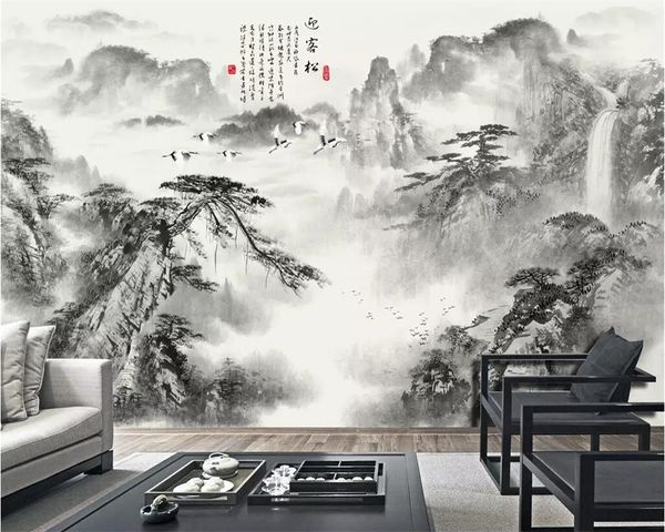 beibehang Çinli duvar kağıdı mürekkep karşılama çam dağ su şelale ev geliştirme TV arka plan duvar resimleri 3d duvar kağıdı