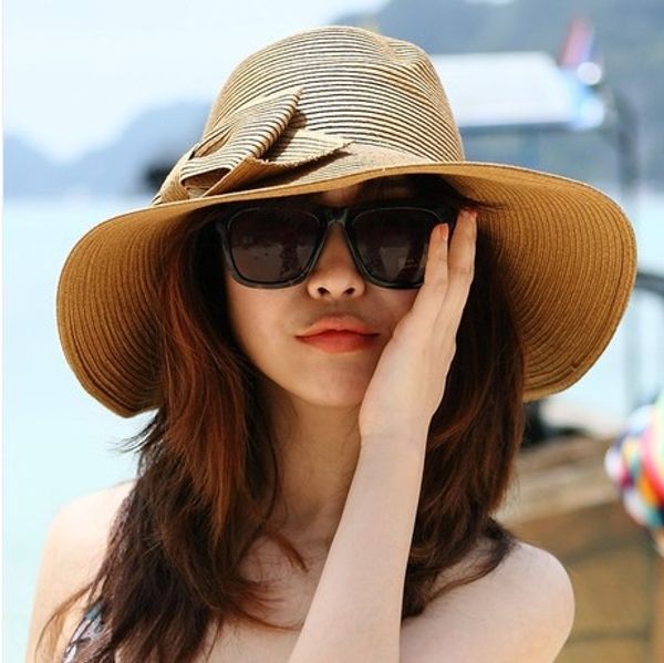 

korean style summer women's double bow sun sun holiday straw beach straw sunscreen hat sunscreen hat, Blue;gray