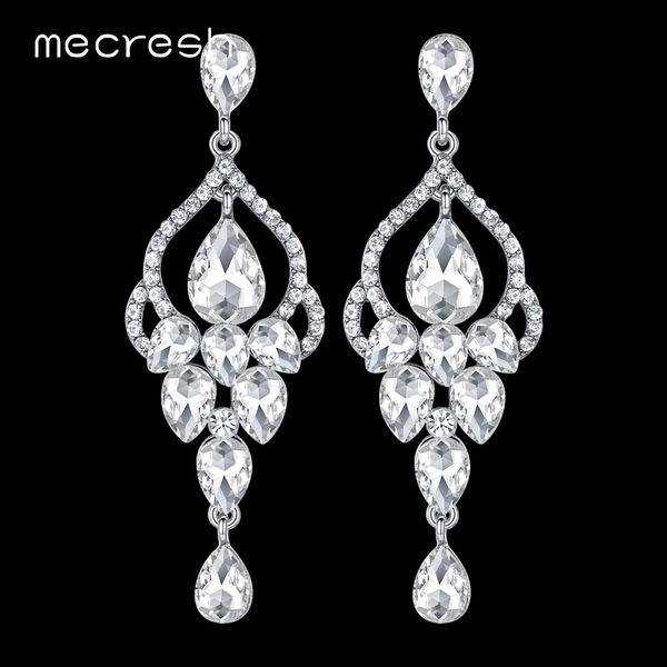 

mecresh crystal bridal long drop earrings for women clear waterdrop wedding hanging brincos classic statement jewelry eh425, Silver