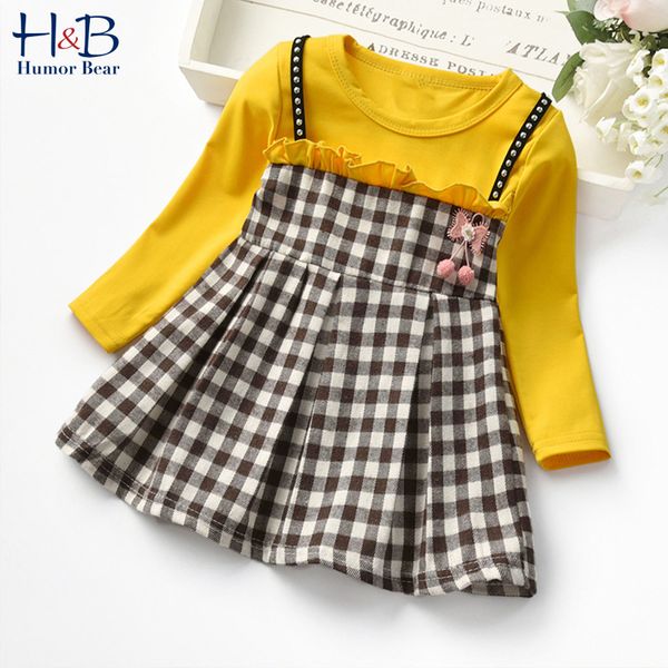 

humor bear girls dress 2020 spring and autumn girls sling plaid long-sleeved dress fake two-piece lace princess, Red;yellow