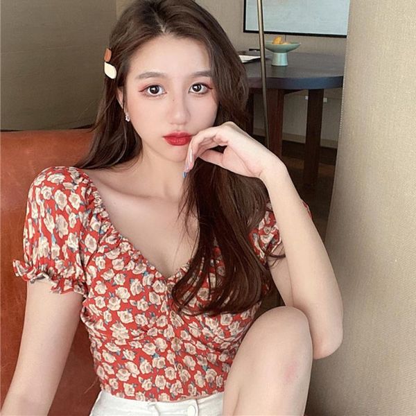 

t shirt women harajuku retro floral ladies shirts women crop short sleeve camiseta mujer casual french vest soft, White