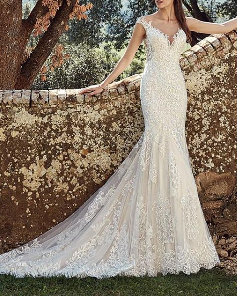 

mermaid / trumpet wedding dresses off shoulder court train lace tulle cap sleeve country plus size with lace buttons embroidery, White