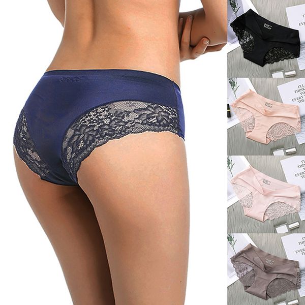 

women ice silk panties female middle waist breathable cotton large size briefs women bikini, White;black