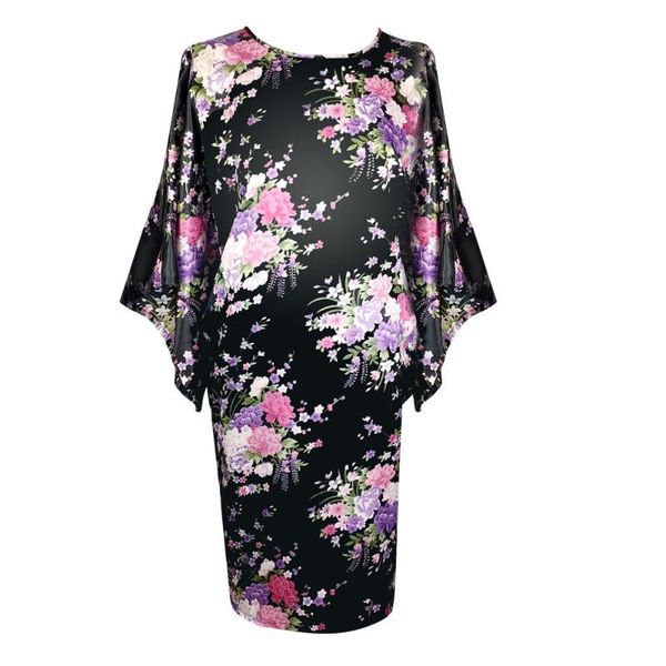 

women's sleepwear black nightgown print flower women nightdress bat sleeve large size 3xl-6xl loose bridal wedding home dressing gown, Black;red