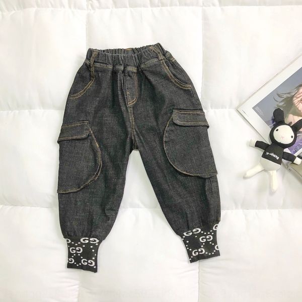 

children's autumn 2020 new boys' knitted leg fashionable elastic waist pocket pants jeans and jeans, Blue