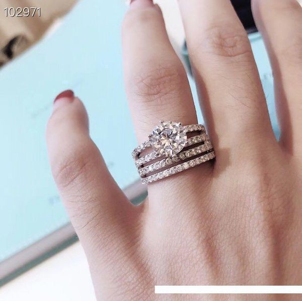 

luxury classic designer s925 sterling silver full crystal four layers hollow wedding ring for women jewelry, Golden;silver