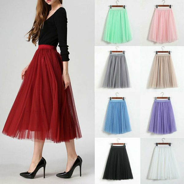 

9 styles womens tulle plain pleated skirt 2020 new fashion mesh midi skirt high waist woman skirts 3 layers, Black
