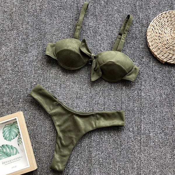 

velvet bikini push up knot swimsuit 2020 brazilian swimwear women two pieces thong bikini set bra cup bather bathing suit, White;black