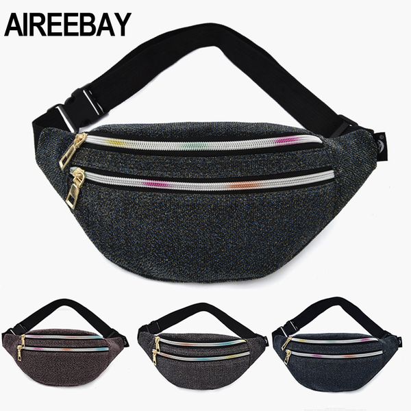 

aireebay women waist bag new brand fashion sequin fanny pack casual ladies waist pack gold yarn fabric phone purse money belt