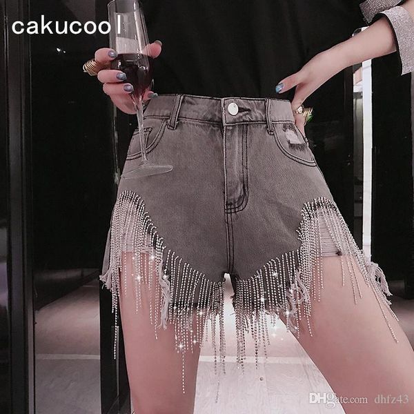

cakucool new summer denim shorts diamond beading chain tassels chic shorts empire ripped holes slim jeans female, Blue