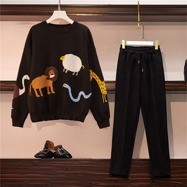 

pieces set women winter autumn knitted sweater round neck cartoon pants loose suits female fashion chic pants suit, White