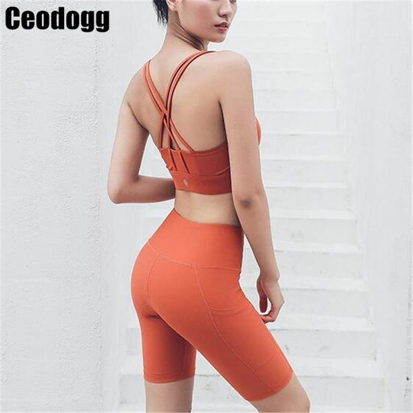 

women's sports suit yoga gym set workout clothes running bra shorts with pockets tracksuit for fitness sportswear, White;red