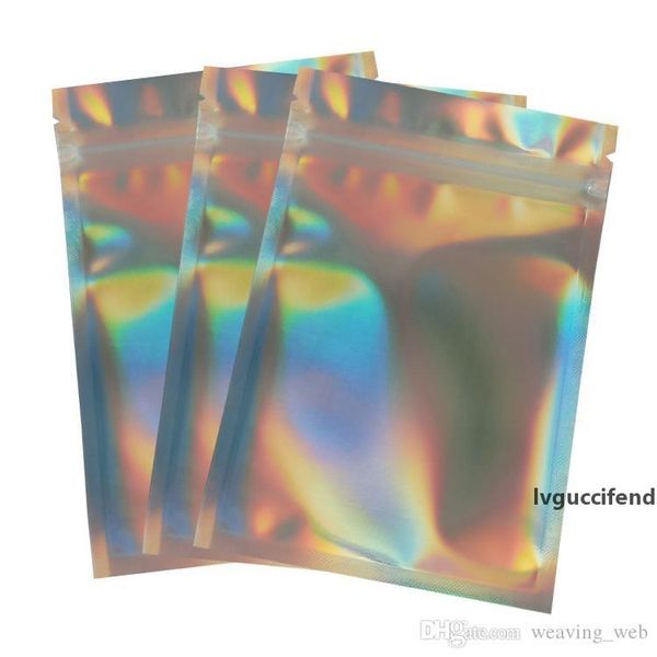 

holographic packaging bags pet laser color aluminum foil bag resealable zip bag one side clear back plastic packing bag smell proof pouches