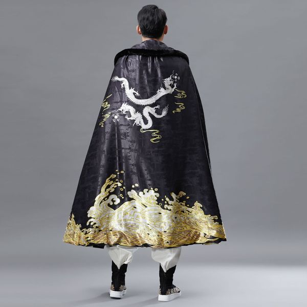 

2020 autumn new collar cape chinese style cloak windbreaker cloak cape men's shawl printed golden dragon trench coat casual, Tan;black
