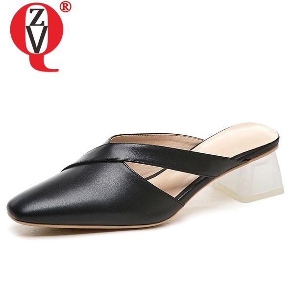 

zvq shoes woman 2020 summer new fashion high square heels handmade genuine leather woman slippers outside square toe shoes, Black