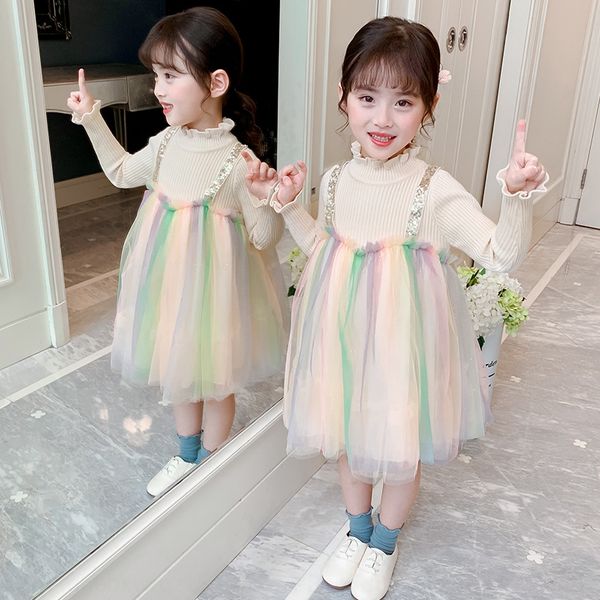 

girls' chinese style 2020 autumn and winter new girl super fairy rainbow mesh sweater sweater skirt skirt, Blue