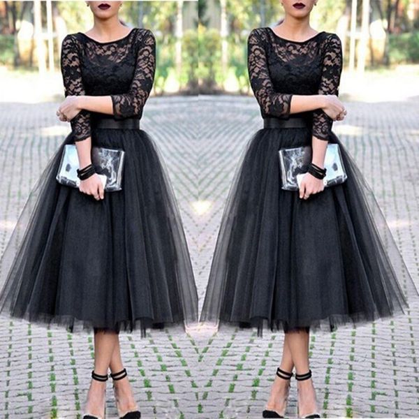 

women lace patchwork ball gown dresses bodycon dresses tulle tutu mid calf dresses elegant party o neck high waist vestidos summer dress, Black;gray