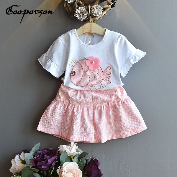 

girls ruffle outfits summer tracksuits flower fish tracksuits shirt&plaid shorts fashion korean pearl kids clothing set, White