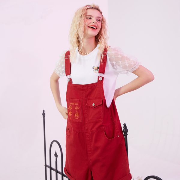 

red character embroidery casual preppy overalls women 2020 summer elf pocket minimalist korean ladies daily jumpsuits, White