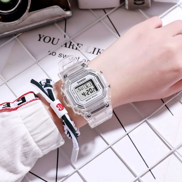 

luminous alarm clock sports waterproof multifunctional electronic electronic watch transparent small square led female student watch, Blue