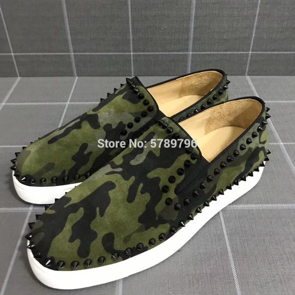 

low cut red bottom green suede leather sports shoes men casual flats loafers circle black rivets runway outdoor walking sneakers
