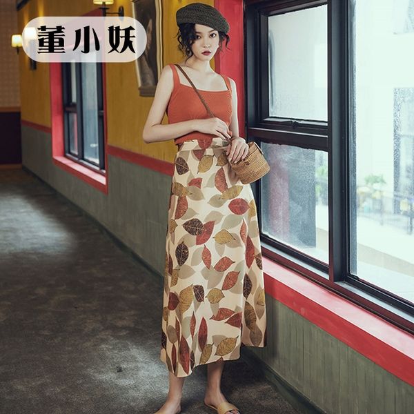 

dong xiaoyao 2020 aline skirt skirtsdress skirtnew листа печать фея юбка для женщин с средней длиной алиной платьем, Black