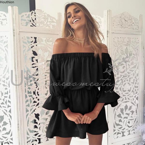 

houthion women's dress slim sweet summer fashion temperament commute three quarter butterfly sleeve solid color slash neck dress, Black;gray