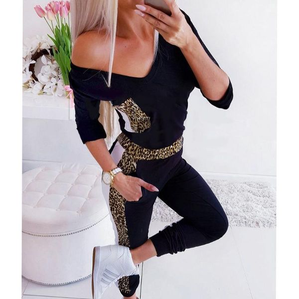 

gym clothing style women's leopard printed tracksuits drawstring sweatshirt two-piece sports suits casual women sets #3, White;black