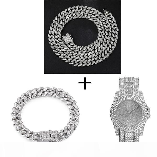 

wholesale hop silver necklace +watch+bracelet iced out paved rhinestones miami curb cuban chain gold cz bling rapper for men jewelry