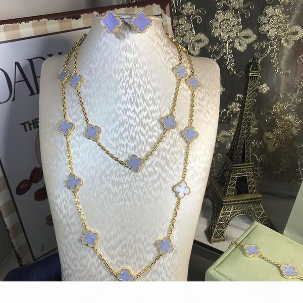 

925 silver four leaf flower jewelry set for women wedding necklace bracelet earrings brown light purple clover mother shell cz jewelry, Black