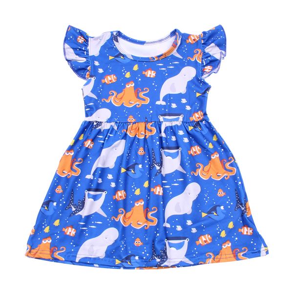 

selling summer baby girls dress blue sharks children boutique milksilk dress knee length sleeveless cartoon clothing t200716, Red;yellow