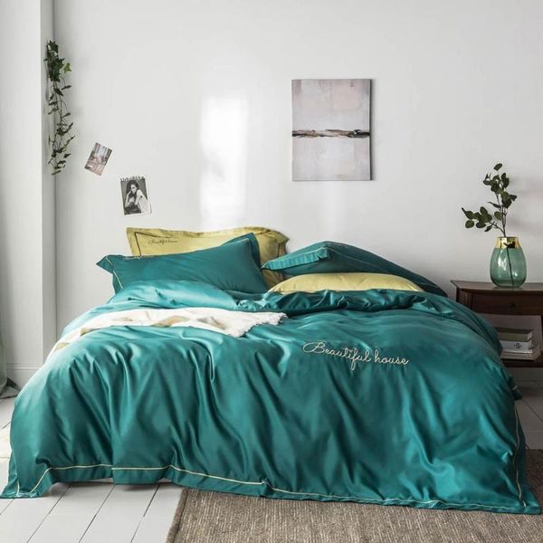 

bedding sets 2021 fashion solid dark green embroidery bedlinens artificial silk satin duvet cover set  king bedsheet