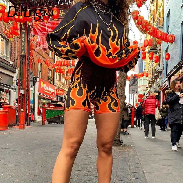

two piece dress darlingaga streetwear flame fire print women tracksuit festival loose pullover biker shorts outfits matching sets, White