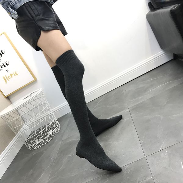 

stretch fabrics women's over the knee boots pointed toe 2 colors knitting thread flat boots niufuni spring winter woman shoes cson09, Black