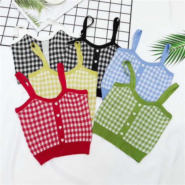 

button women knitting plaid buttons cropped camisole girls knitted sweet chic tee shirts camis crop for female, White