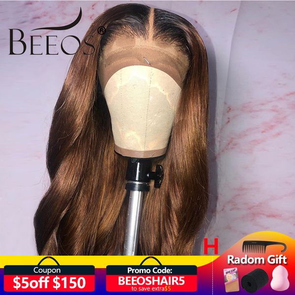 

beeos ombre colored 13*4 lace front wigs baby hair brazilian remy body wave wigs 150% women 1b30 human hair wig bleached knots, Black