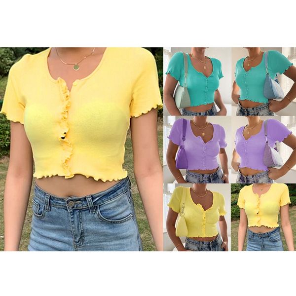 

women's t-shirt ruffled sleeves summer button tight rib knit plain sexy, White