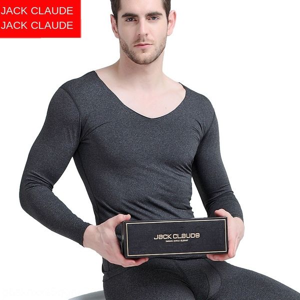 

seamless v-neck warm trousers suit clothes men's thermal underwear autumn clothes autumn pants set thin velvet heating fiber, Black;brown