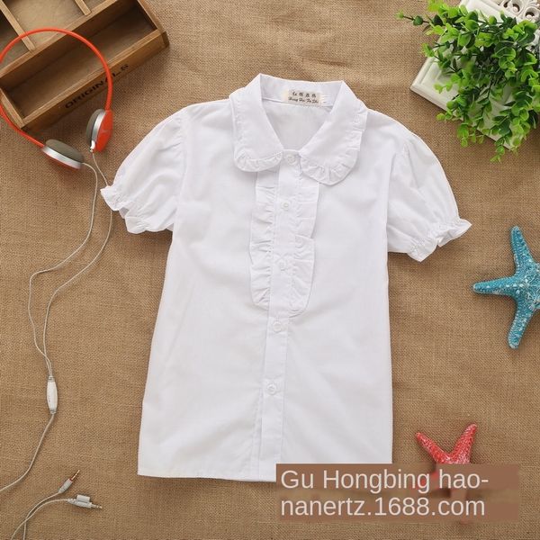 

new girl's 2020 solid color korean doll collar lotus leaf doll shirt shirt short sleeve children, White;black