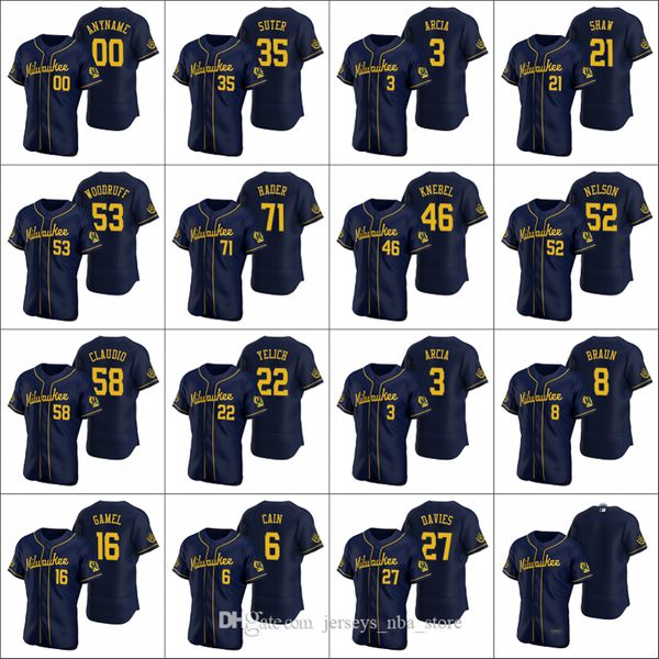 

milwaukee brewers #22 christian yelich 16 ben gamel 3 orlando arcia men women youth custom navy authentic 2020 alternate jersey, Blue;black