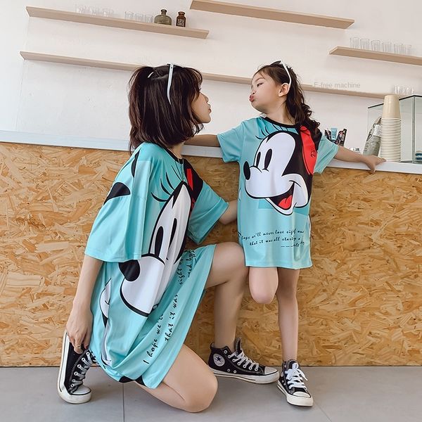 

k5uc3 2020 new medium and t-shirt long cartoon parent-child clothes t-shirt loose large size foreign style interesting mother and daughter d, Blue